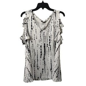 Noracora Women's White/Black V-Neck‎ Geometric Cold Shoulder Top Size L